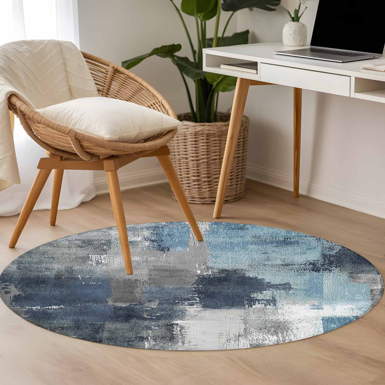 Blue Gray Abstract Rug Blue Grey Abstract 3.3ft Round Rug for Bedroom Reading Corner, Modern ...