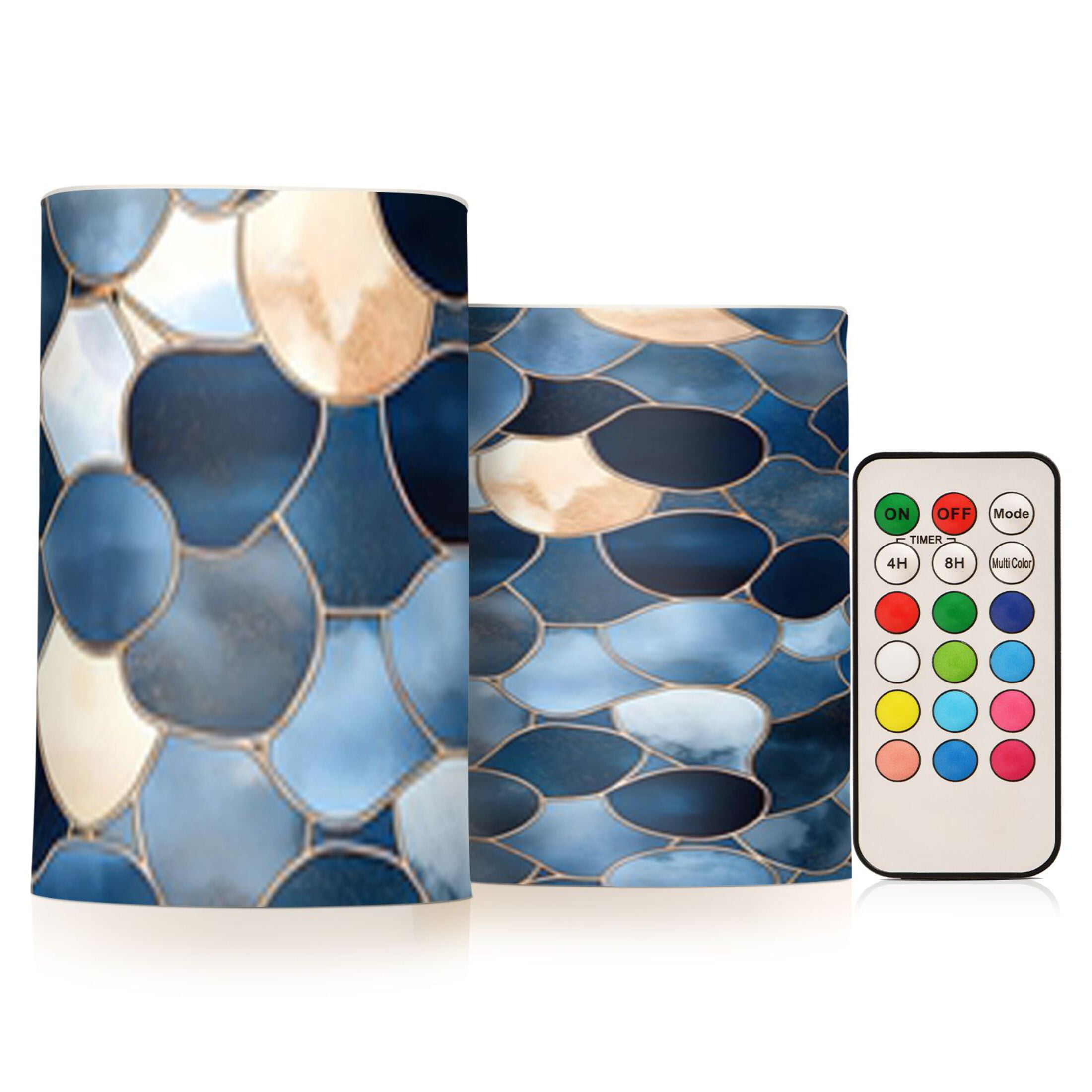 Blue Grey Abstract Art Flickering Flameless Candles Battery Operated with Remote Timer LED Pillar Candles Set of 2