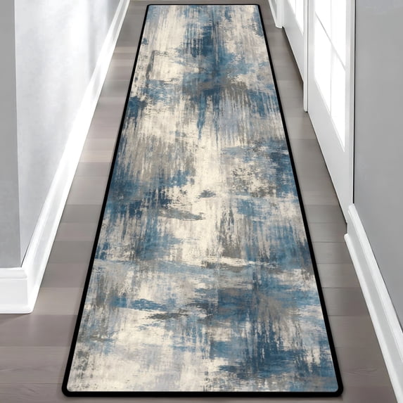 Blue Grey Abstract Brushstroke Hallway Runner Rug, 60x18 Inches Modern Textured Long Floor Mat, Non-Slip Washable Contemporary Art Rug for Entryway Kitchen