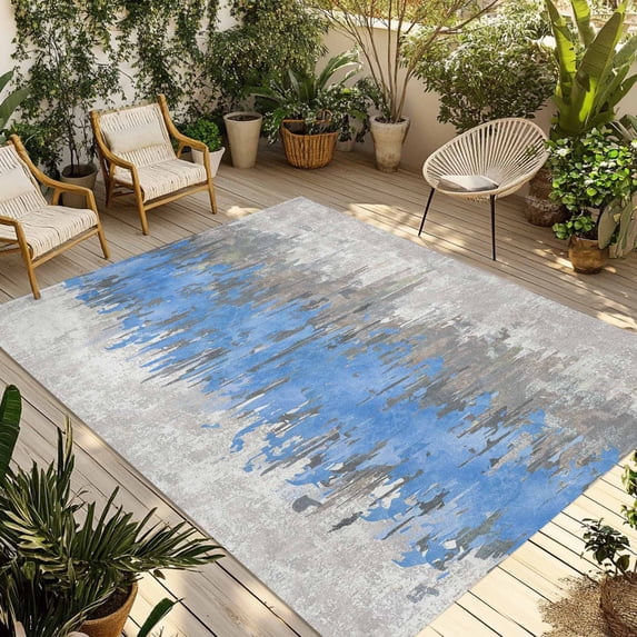 Blue Grey Abstract Outdoor Rug for Patio/Deck/Porch, Non-Slip Large Area Rug 4 x 6 Ft, Gradient Geometric Graffiti Modern Art Indoor Outdoor Rugs Washable Area Rugs, Camping Rug Carpet Runner