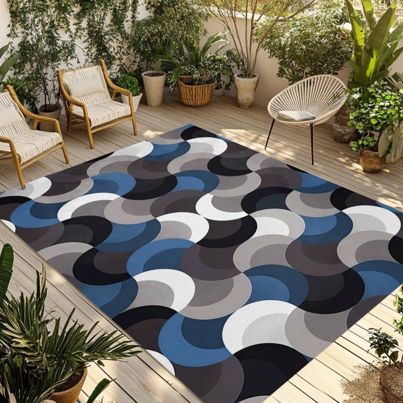 Blue Grey Abstract Outdoor Rug for Patio/Deck/Porch, Non-Slip Large Area Rug 4 x 6 Ft, Modern Geometric Ombre Artwork Indoor Outdoor Rugs Washable Area Rugs, Reversible Camping Rug Carpet Runner