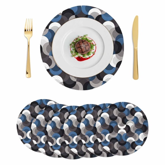 Blue Grey Abstract Round 13 Inch Placemats Set of 6, Modern Geometric Ombre Artwork HeatResistant Non Slip Place Mats for Dining Table, Wipeable Braided Kitchen Table Mats for Housewarming