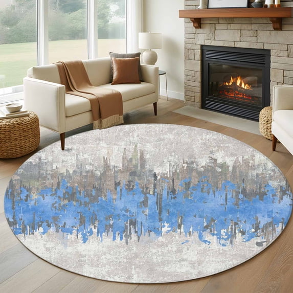 Blue Grey Abstract Round Area Rug 6Ft Washable Circle Rugs for Bathroom Office, Gradient Geometric Graffiti Modern Art Non-Slip Carpet Floor Mats Indoor Outdoor Carpet Runner Aesthetic Home Decor