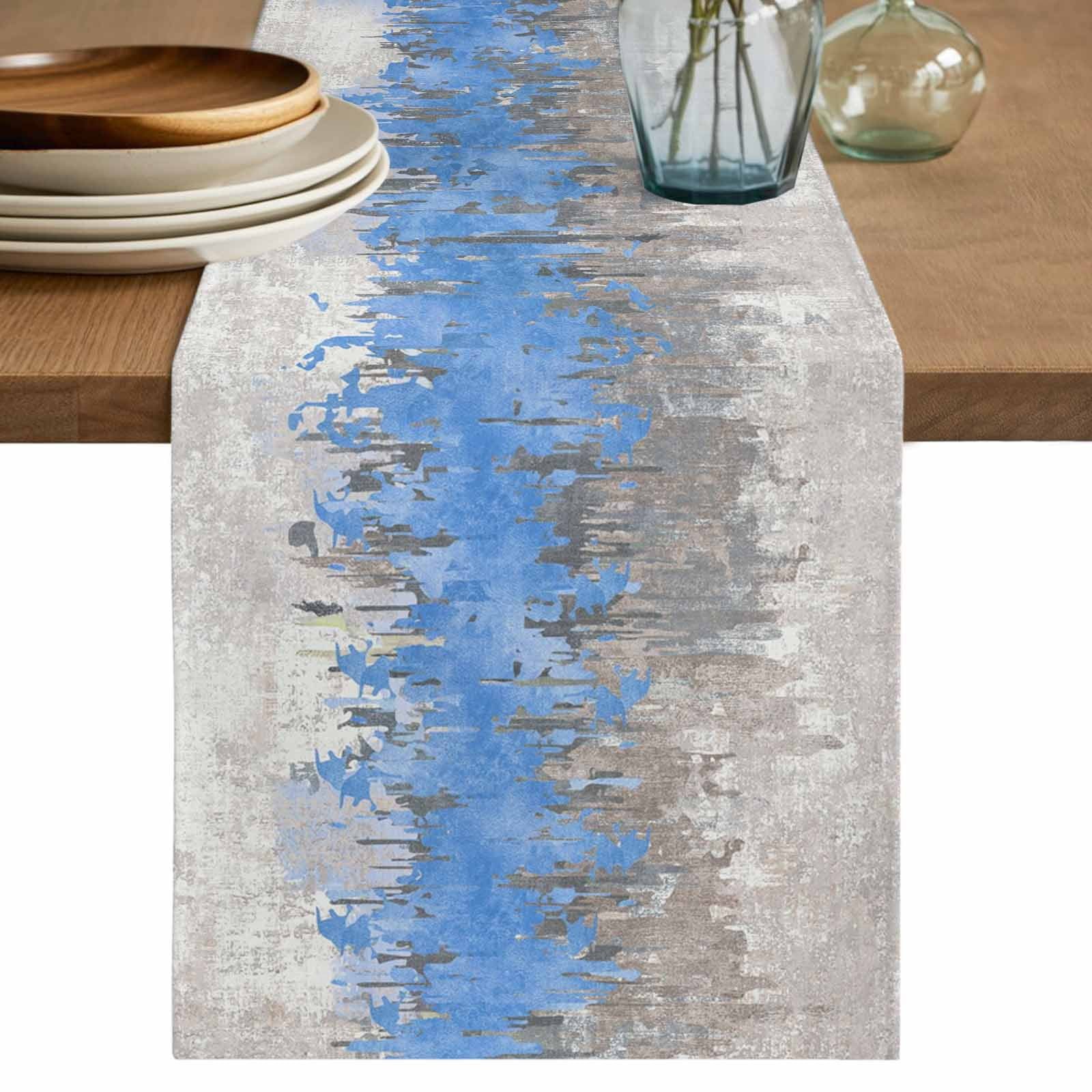 Blue Grey Abstract Table Runner 108 Inches, Gradient Geometric Graffiti ...