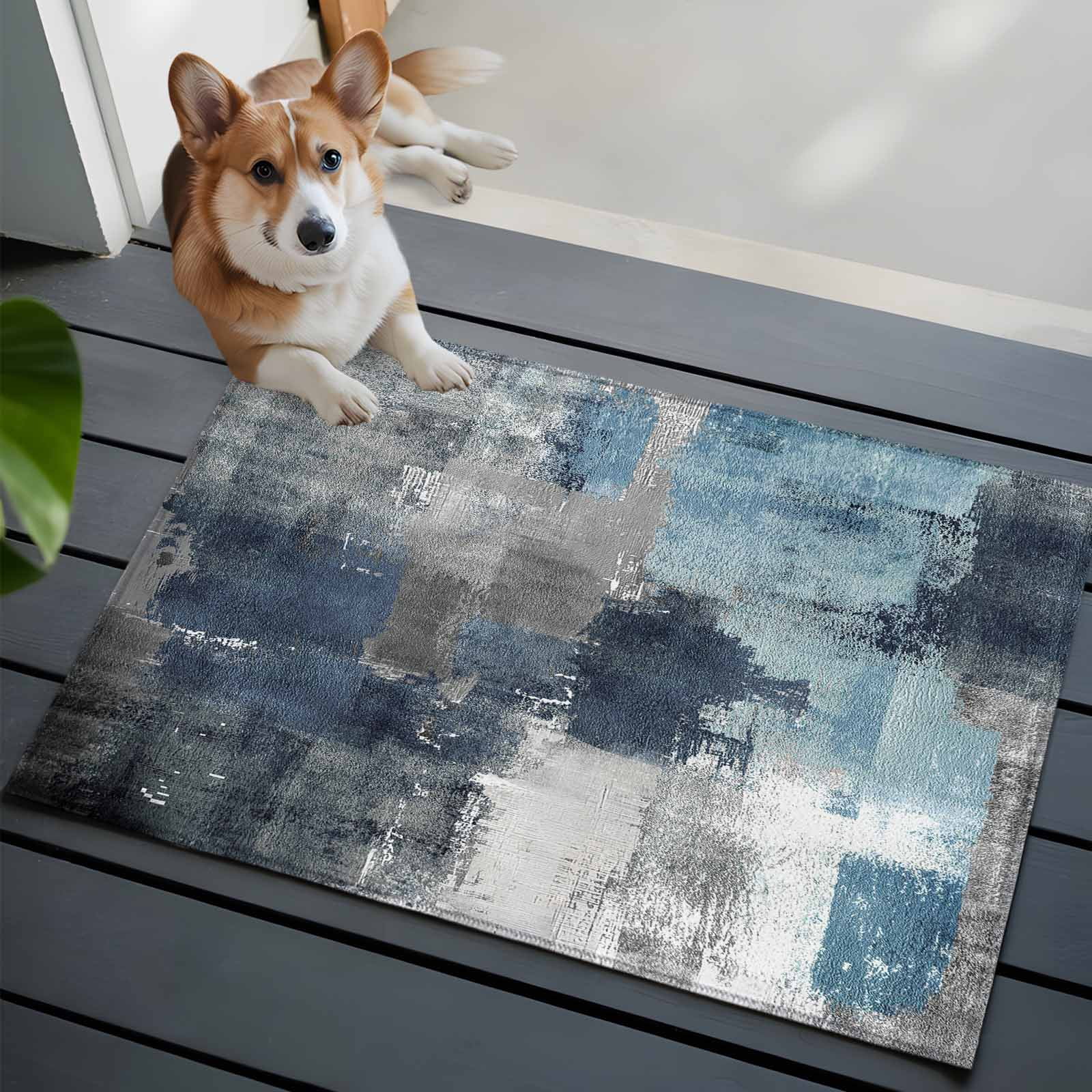 Blue Gray Abstract Rug Blue Grey Abstract Washable Area Rug 2x3 Modern Graffiti Brush Art Low ...