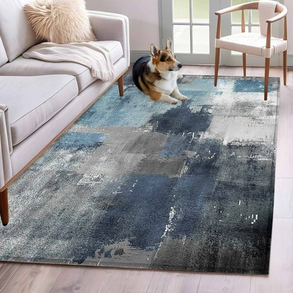 Blue Grey Abstract Washable Area Rugs 3'x5', Modern Graffiti Low Pile Throw Living Room Rug Non-Slip Sturdy Edge Binding Carpet for Indoor Entryway Bedside Kitchen