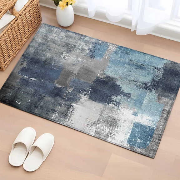 Blue Grey Area Rugs 2x3 for Living Room, Abstract Art Oil Painting Modern Geometric Non Slip Washable Rug Runner, Low Pile Indoor Floor Carpet Mat Bathroom Rugs for Bedroom, Kids Room