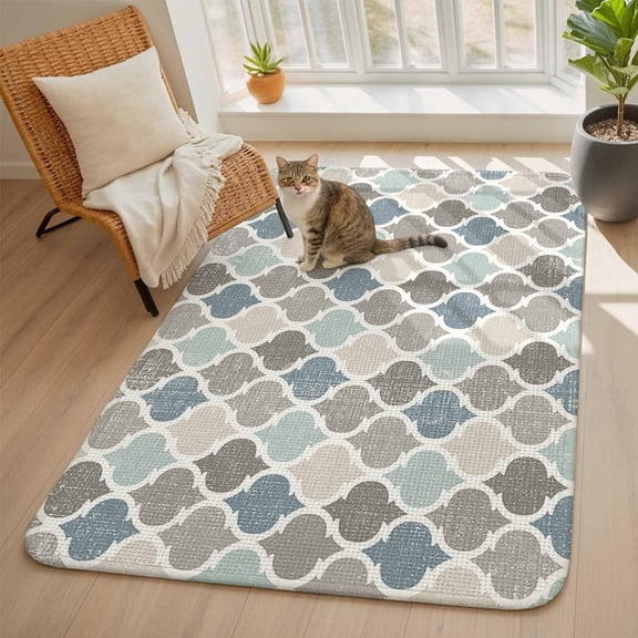 Blue Grey Area Rugs for Living Room 5x7, Morocco Geometric Plaid Washable Area Rug with Non Slip Backing, Stain Resist Linen Carpet for Bedroom, Dining Room, Entryway, Entrance