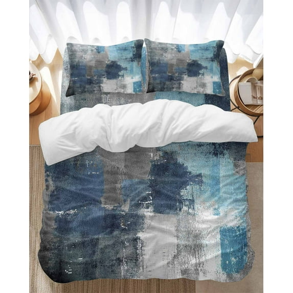 Blue Grey Bedding Duvet Cover Set Queen Size 4 Pieces Modern Graffiti Brush Art Abstract Bedding Set with Zipper Closure, 1 Comforter Cover 90x92 Inches 1 Flat Sheet & 2 Pillow Cases