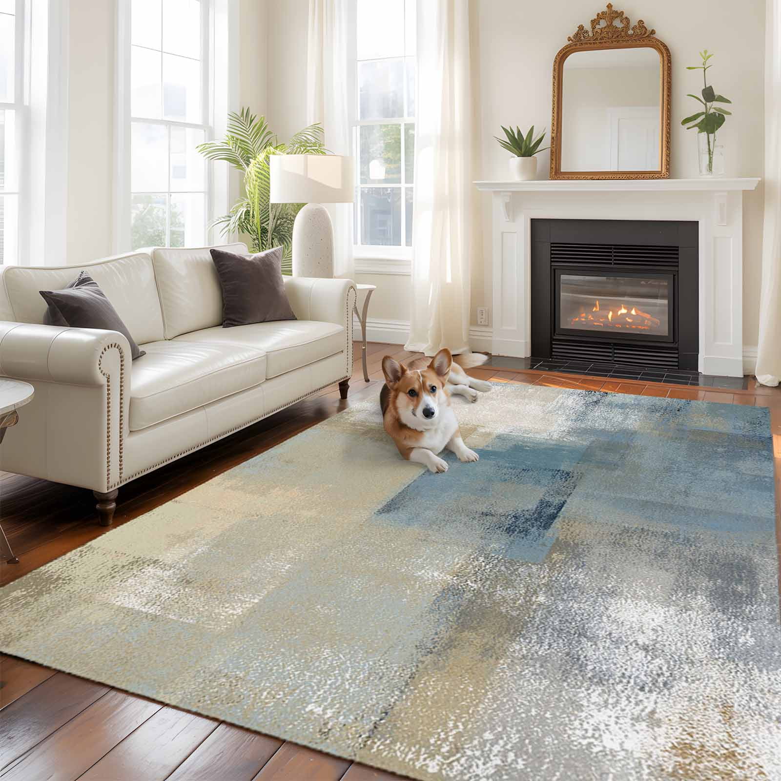 Blue Grey Beige Area Rug 5x7 FT, Non Slip Bedroom Throw Carpet ...