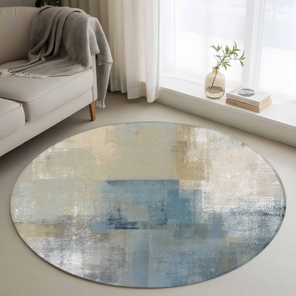 Blue Grey Beige Round Rug 3ft Washable Circle Entryway Rugs Non Slip Abstract Modern Art Oil Painting Area Rug Indoor Floor Carpet for Bedroom Kitchen Living Room Home Office Dining Room Nursery