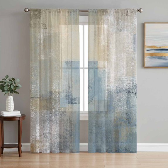 Blue Grey Beige Sheer Curtains 96 Inch Length 2 Panels Set, Abstract Modern Art Oil Painting Voile Window Treatment Semi Sheer Long Curtains Drapes for Bedroom/Living Room/Kitchen 52"x96"x2