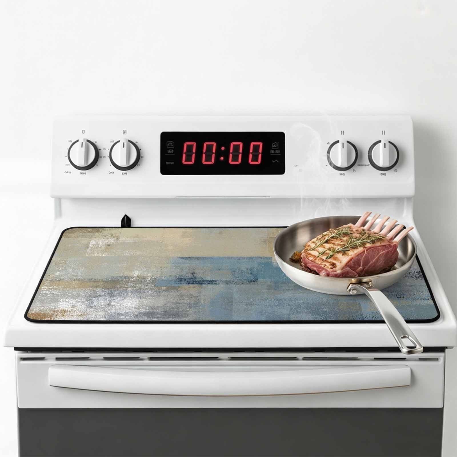 Blue Grey Beige Stove Top Cover for Electric Stove, Heat-proof & Non Slip Glass Top Stove Cover Protector, Abstract Modern Art Oil Painting Kitchen Flat Cooktop Rubber Mat 24x21 Inches