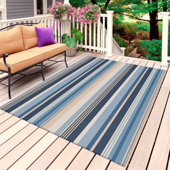 Blue Grey Beige Striped Outdoor Rug for Patio/Deck/Porch, Non-Slip Large Area Rug 5 x 7 Ft, Farmhouse Vintage Stripe Indoor Outdoor Rugs Washable Area Rugs, Reversible Camping Rug Carpet Runner