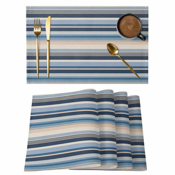 Blue Grey Beige Striped Placemats Set of 6, Farmhouse Vintage Stripe Placemats for Dining Table, Place Mats for Kitchen Tabletop, Waterproof Wipeable Dining Table Mats Set