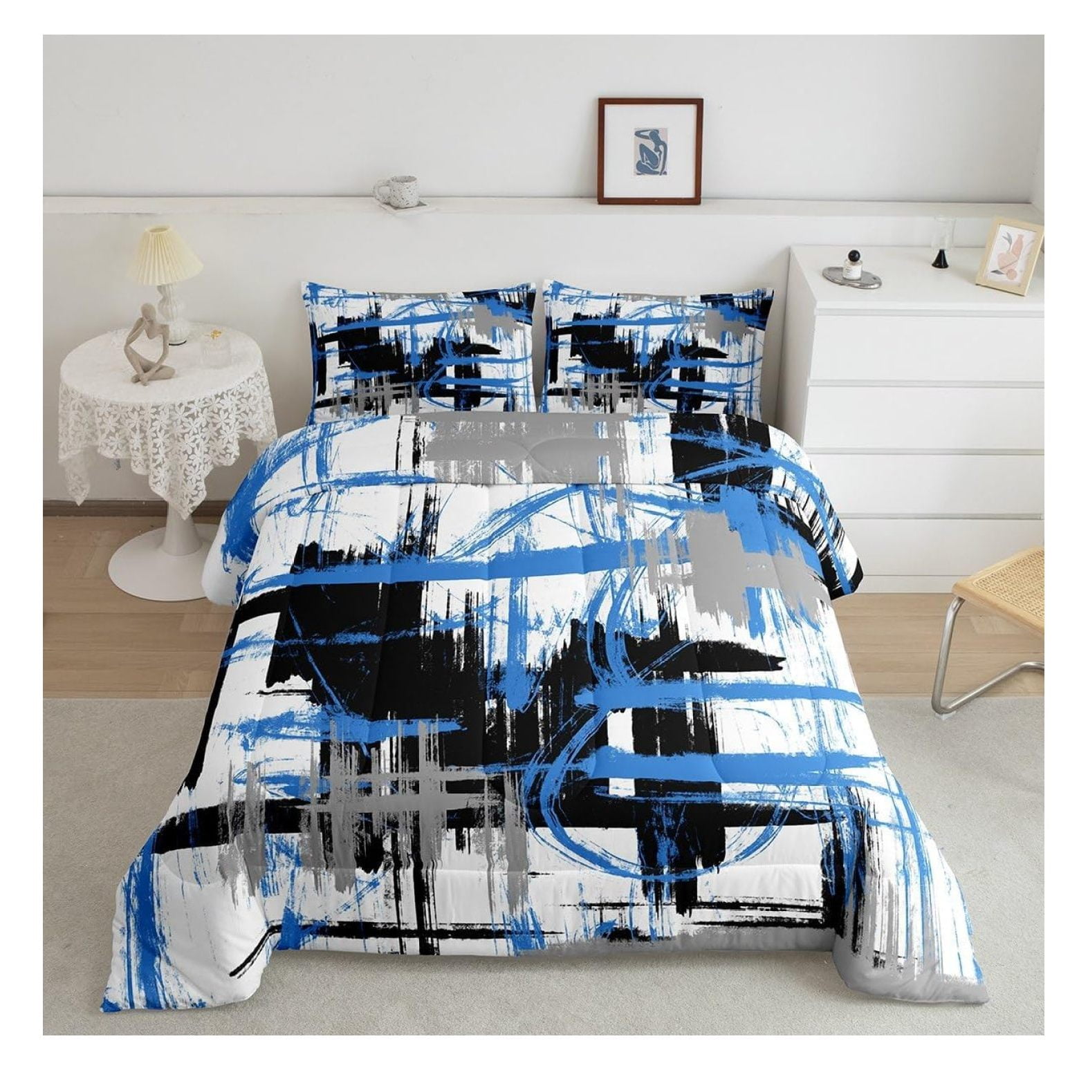 Blue Grey Black Comforter Set Full Size Kids Abstract Art Comforter for
