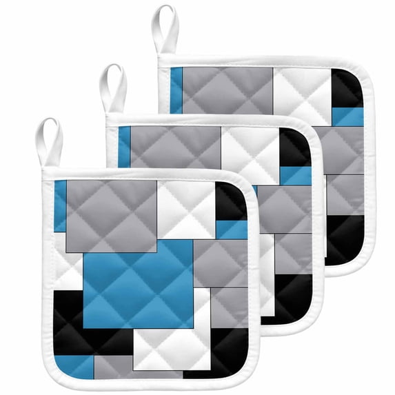Blue Grey Black Geometric Pot Holders for Kitchen Heatproof Potholder, 3 Pack Middle Century Modern Art Abstract Hot Pads Multipurpose Oven Pads Cloth Potholders Trivet for Cooking Baking