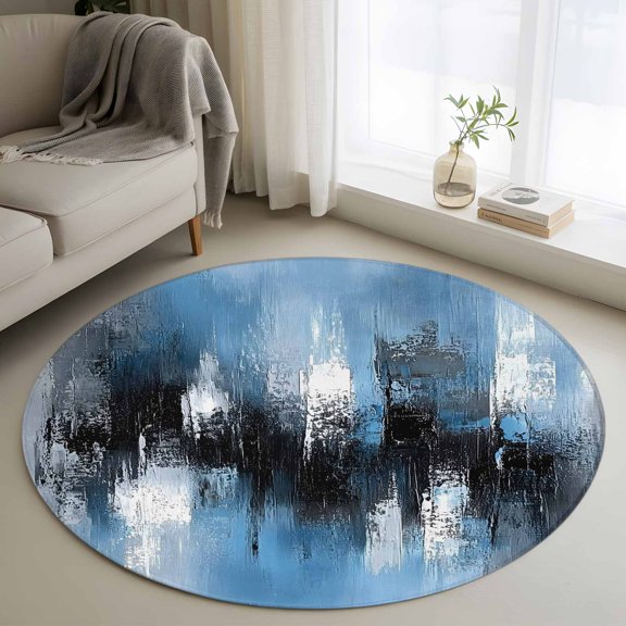 Blue Grey Black Round Area Rug 4ft, Smear Street Graffiti Painting Grunge Art Washable Non-Slip Circle Rugs for Bedroom Living Room Kitchen, Soft Non Shedding Circle Carpet for Dining Room Dorm