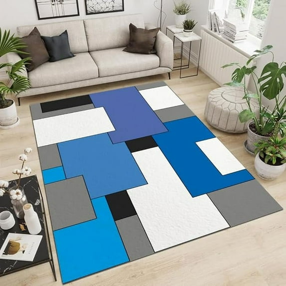 Blue Grey Black White Geometric Area Rug, Modern Minimalist Abstract Large Rugs, With Anti-Slip Easy Clean Carpet For Living Room Kitchen Dining Room Home Office 3 x 4ft