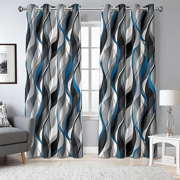 Blue And Grey Blackout Curtains Modern Striped Decorative 100% Light Blocking Darkening Grommet Blue Curtain For Living Room Villa, Bedroom Gray And Blue 53"W x 63"L (Pack of 2)
