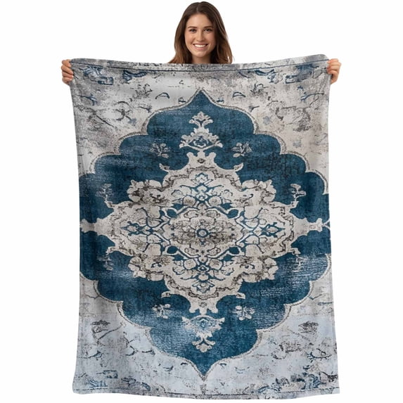 Blue Grey Boho Floral Blanket Soft Cozy Warm Throw Blanket for Couch, Plush Fuzzy Flannel Fleece Blankets for Sofa, Vintage National Flower Bed Blankets Lightweight Gifts for Women, 32"x48"