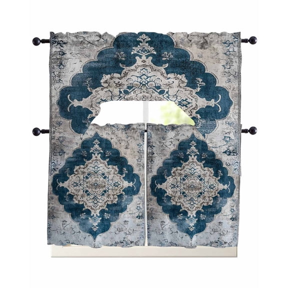 Blue Grey Boho Floral Swag Curtains for Living Room/Bedroom Windows, Vintage National Flower Kitchen Curtains and Valances Set 36 Inch Length, Light Filtering Swags Valance Curtain Panels