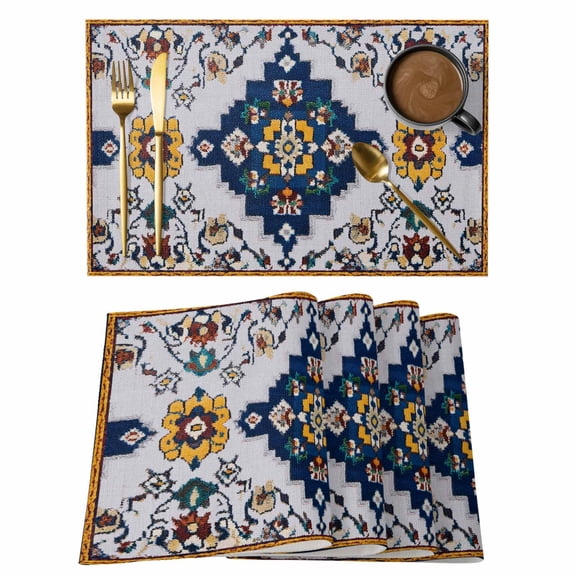 Blue Grey Boho Placemats Set of 8 Retro Traditional Oriental Boho Tribal Place Mats Indoor Wipeable Table Mats Washable Cloth Dining Table Placemats for Kitchen Holiday Party Home Decor 13x19 Inch