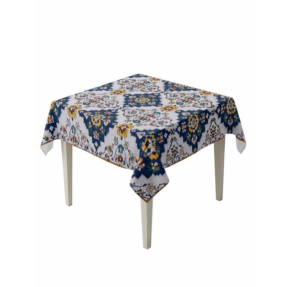 Blue Grey Boho Table Cloth, Retro Traditional Oriental Boho Tribal Waterproof Tablecloth for Square Tables, Reusable Washable Fabric Table Cover for Restaurant Kitchen Dining Tables 60"x60"