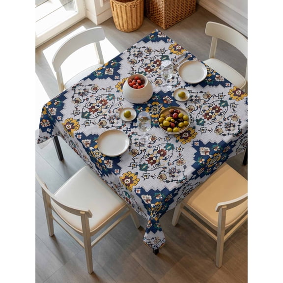 Blue Grey Boho Tablecloth Square Table Cloth 60x60, Waterproof Tablecloth Outdoor Table Cloth, Retro Traditional Oriental Boho Tribal Washable Table Cover for Kitchen Dinning Party