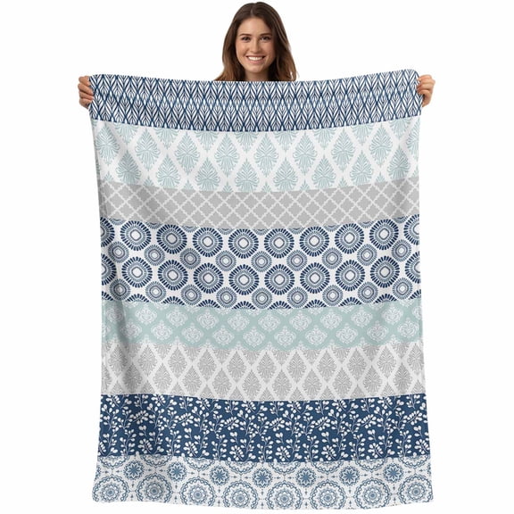 Blue Grey Boho Throw Blankets, Bohemian Geometric Pattern Soft Fleece Blanket Decorative for Home Sofa Couch Chair Living Bedroom, 30x40 Inches,