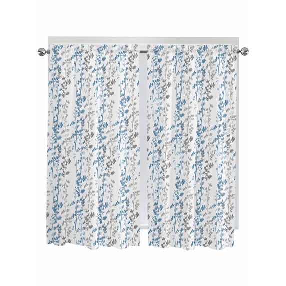 Blue Grey Botanical Bathroom Window Curtain, Spring Floral Summer Farmhouse Light Filtering Coffee Kitchen Curtains, Bedroom Living Room Curtains 2 Panel 84"x63"