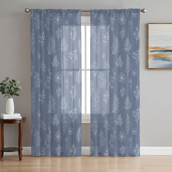 Blue Grey Botanical Sheer Curtains 63 Inches Long, Farmhouse Summer Floral Leaves Light Filtering Window Curtains for Living Room/Bedroom, Rod Pocket Voile Sheer Curtain Drapes, 52"W x 63"L, 2 Panels