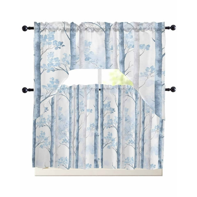 Blue Grey Branches Kitchen Curtains Sets 24 Inch Length with Valance