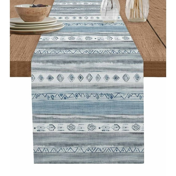 Blue Grey Brush Table Runner Cotton Linen 120 Inch Holiday Dresser Scarves, Modern Abstract Vintage Texture Tablerunner for Kitchen Coffee Dining Bedroom Living Room Dinner Scarf Décor 13''x120''