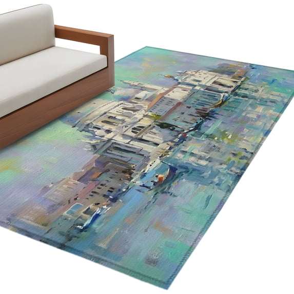 Blue Grey Building Kitchen Runner Rug 2.7x5 Washable Runners for Hallway Non Slip Modern Art Turquoise Large Area Rug Indoor Floor Carpet for Bathroom Laundry Entryway Bedroom Living Room