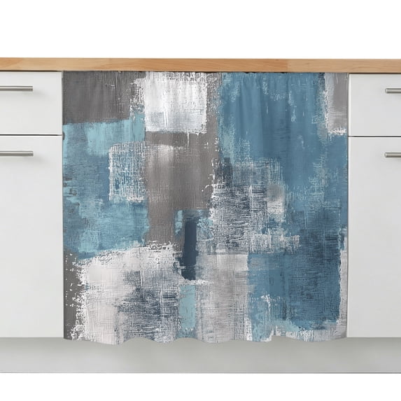 Blue Grey Cabinet Curtains 28"W x 35"L, Dustproof Sink Skirt Curtain for Kitchen Bathroom, Modern Oil Painting Art Abstract Adhesive Desk Skirt Short Curtains for Laundry Room Closet Shoe Rack