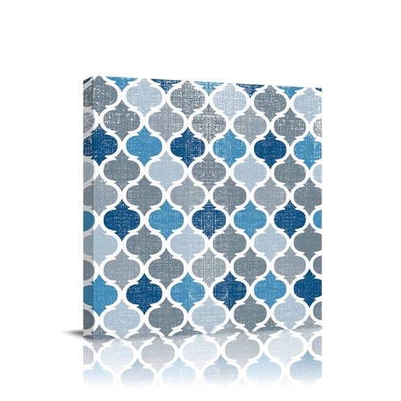 Blue Grey Canvas Wall Art, Geometric Morocco Quatrefoil Lattice Framed Wall Decor Modern Artwork Prints Painting for Living Room, Bedroom, Kitchen & Cafe Decor 8x8 Inch