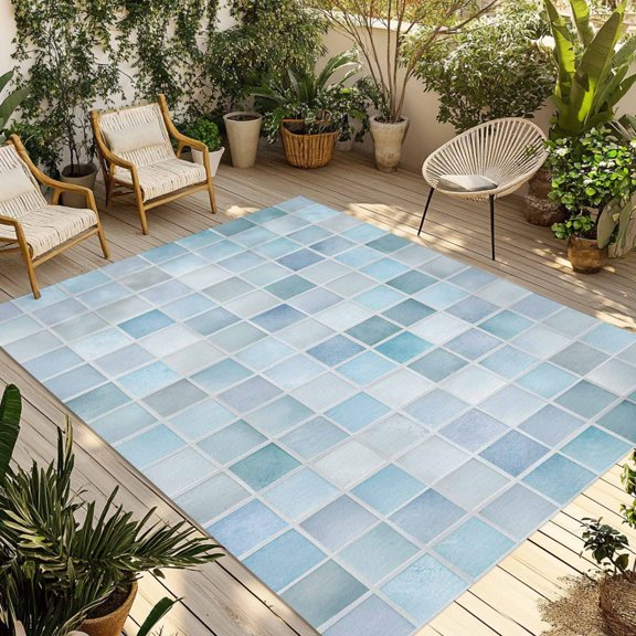 Blue Grey Checkered Outdoor Rug for Patio/Deck/Porch, Non-Slip Large Area Rug 4 x 6 Ft, Farmhouse Plaid Buffalo Elegant Geometric Indoor Outdoor Rugs Washable Area Rugs, Camping Rug Carpet Runner