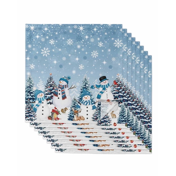 Blue Grey Christmas Cloth Napkins Set of 8 Reusable Dinner Napkins, Snowman Xmas Tree Snowflake Winter Cocktail Napkin Washable Table Napkins for Wedding/Holiday Party/Baby Shower 20"x20"