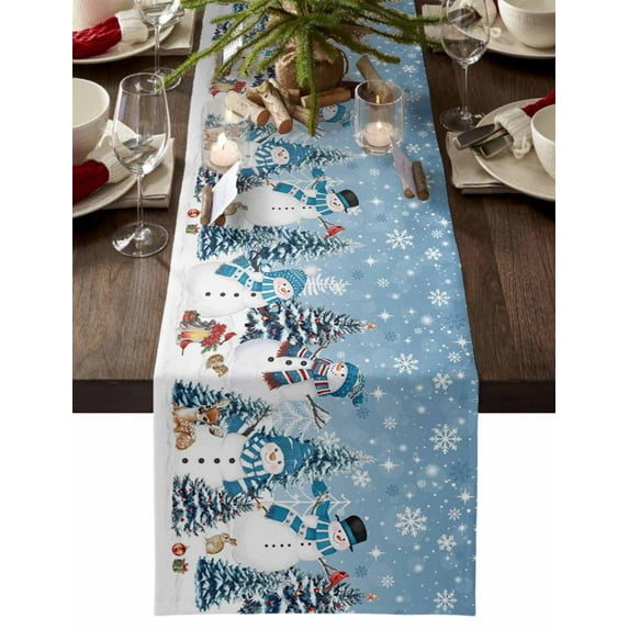 Blue Grey Christmas Dresser Scarf Farmhouse, Dining Table Decorations for Wedding/Parties, Snowman Xmas Tree Snowflake Winter Table Runner 48 Inches Long for Kitchen Dining, 13 x 48 In