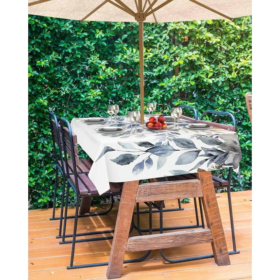 Blue Grey Christmas Outdoor Tablecloth - 60x120 Inch Rectangle Dining Table Cover, Xmas Botanical Eucalyptus Leaves Waterproof Outdoor Table Cloth with Umbrella Hole & Zipper for Patio