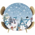 thumbnail image 1 of Blue Grey Christmas Round Tablecloth, Fitted Table Cover with Elastic for 55"-60" Round Tables, Snowman Xmas Tree Snowflake Winter Table Cloth Outdoor Indoor Dinning Party Waterproof Tablecloths, 1 of 7