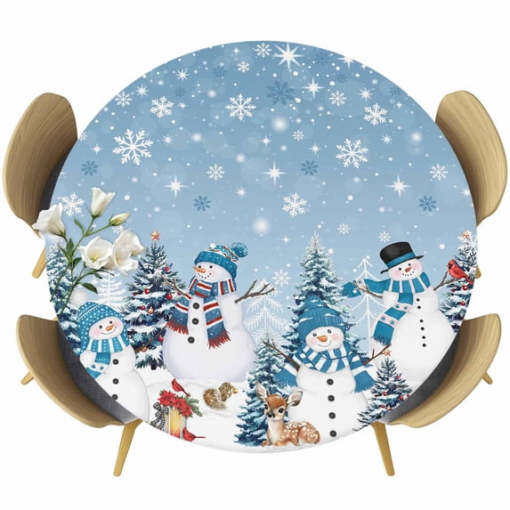 Blue Grey Christmas Round Tablecloth, Fitted Table Cover with Elastic for 55"-60" Round Tables, Snowman Xmas Tree Snowflake Winter Table Cloth Outdoor Indoor Dinning Party Waterproof Tablecloths