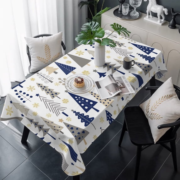 Blue Grey Christmas Table Cloth Waterproof Tablecloths, Xmas Tree Snowflake Winter Tablecloth Dining Table Cover for Kitchen Party Tabletop Outdoor, Rectangle Tablecloth 54x108 Inch