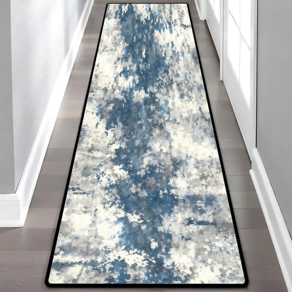 Blue Grey Cloud Abstract Hallway Runner Rug, 60x18 Inches Modern Tie-Dye Long Floor Mat, Non-Slip Washable Contemporary Art Rug for Entryway Kitchen