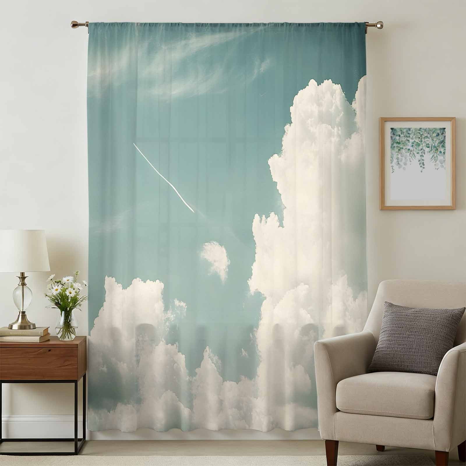 Blue Grey Cloudy Sky Sheer Curtains 108 Inches Extra Long, Rustic ...