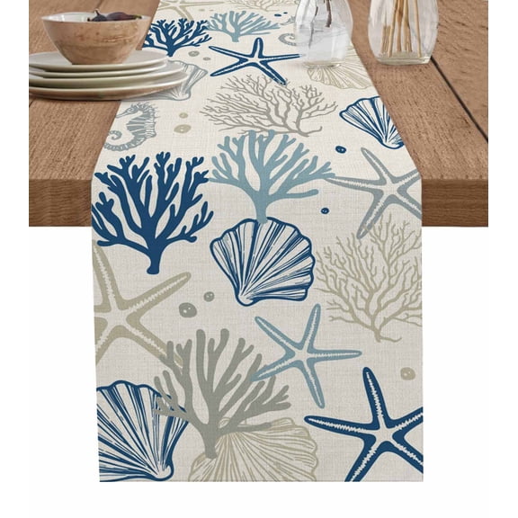 Blue Grey Coastal Burlap Cotton Table Runner 16x72 Inches Long, Rustic Ocean Starfish Shell Seahorse Farmhouse Table Runners, Outdoor Dining Tablecloths Decor for Baby Shower/Party/Wedding