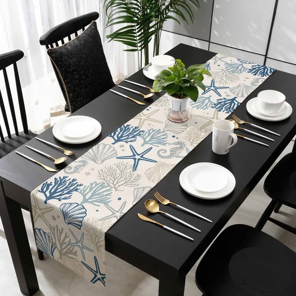Blue Grey Coastal Cotton Linen Table Runner 13 x 90 inch Rustic Ocean Starfish Shell Seahorse Non-slip Rectangular Dining Table Decor for Wedding Party Holiday Dinner