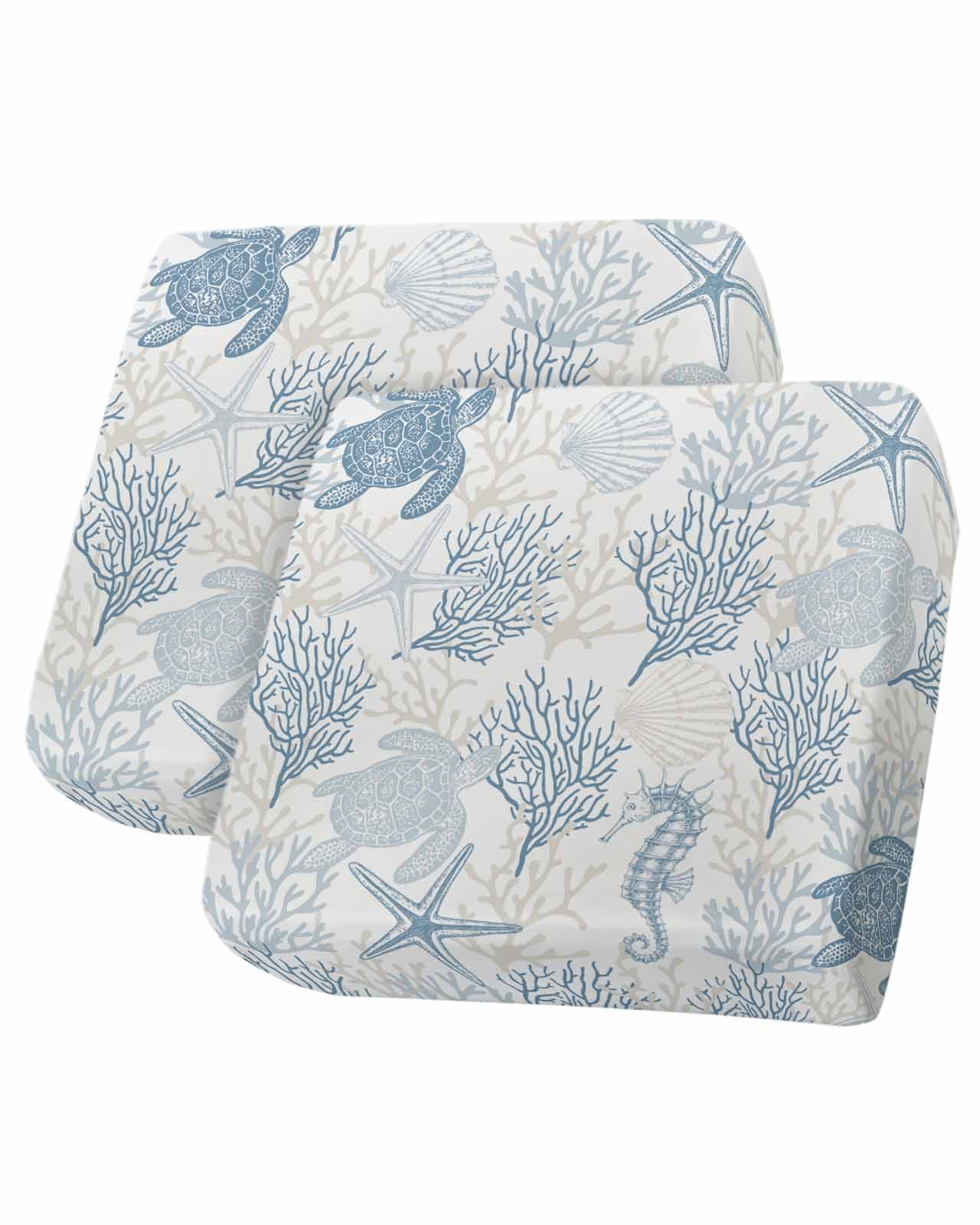Blue Grey Coastal Couch Cushion Covers Stretch, Washable Sofa Seat Covers Individual Seat Cushion Sofa Slipcovers Sea Turtle Nautical Coral Summer Beach Couch Cover Furniture Protector S-2PCS
