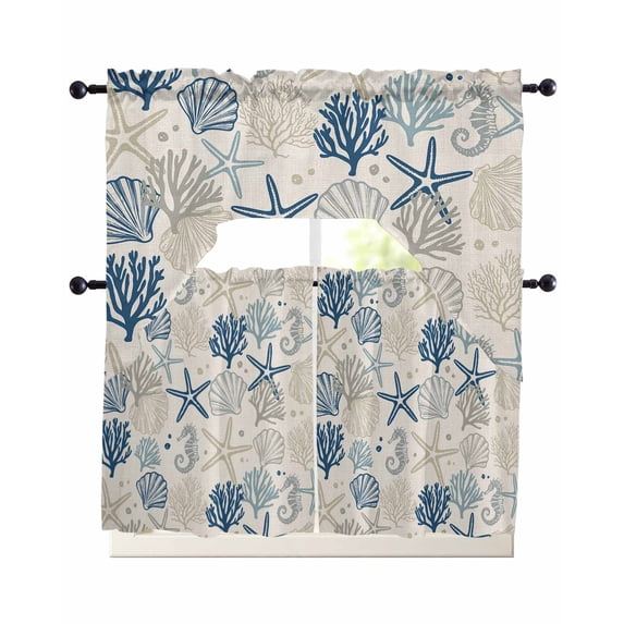 Blue Grey Coastal Kitchen Curtains Sets 24 Inch Length with Valance, Rustic Ocean Starfish Shell Seahorse Swag Valances and Tiers Curtain Set Drapes Swag Curtains for Living Room, Bathroom, Bedroom